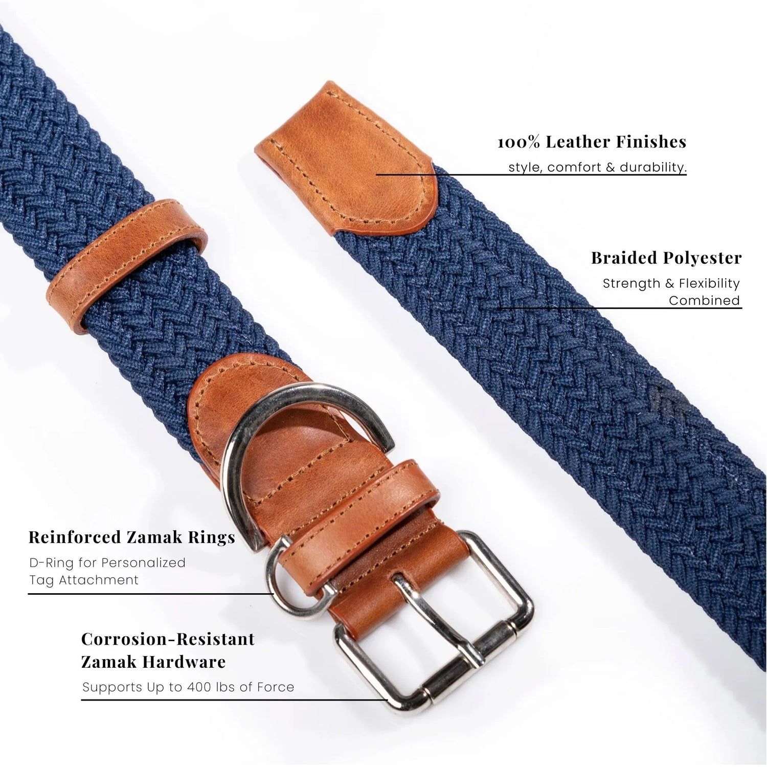 Luxury designer dog collar featuring reinforced metal hardware, soft leather accents, and a breathable woven design. Stylish, lightweight, and durable.