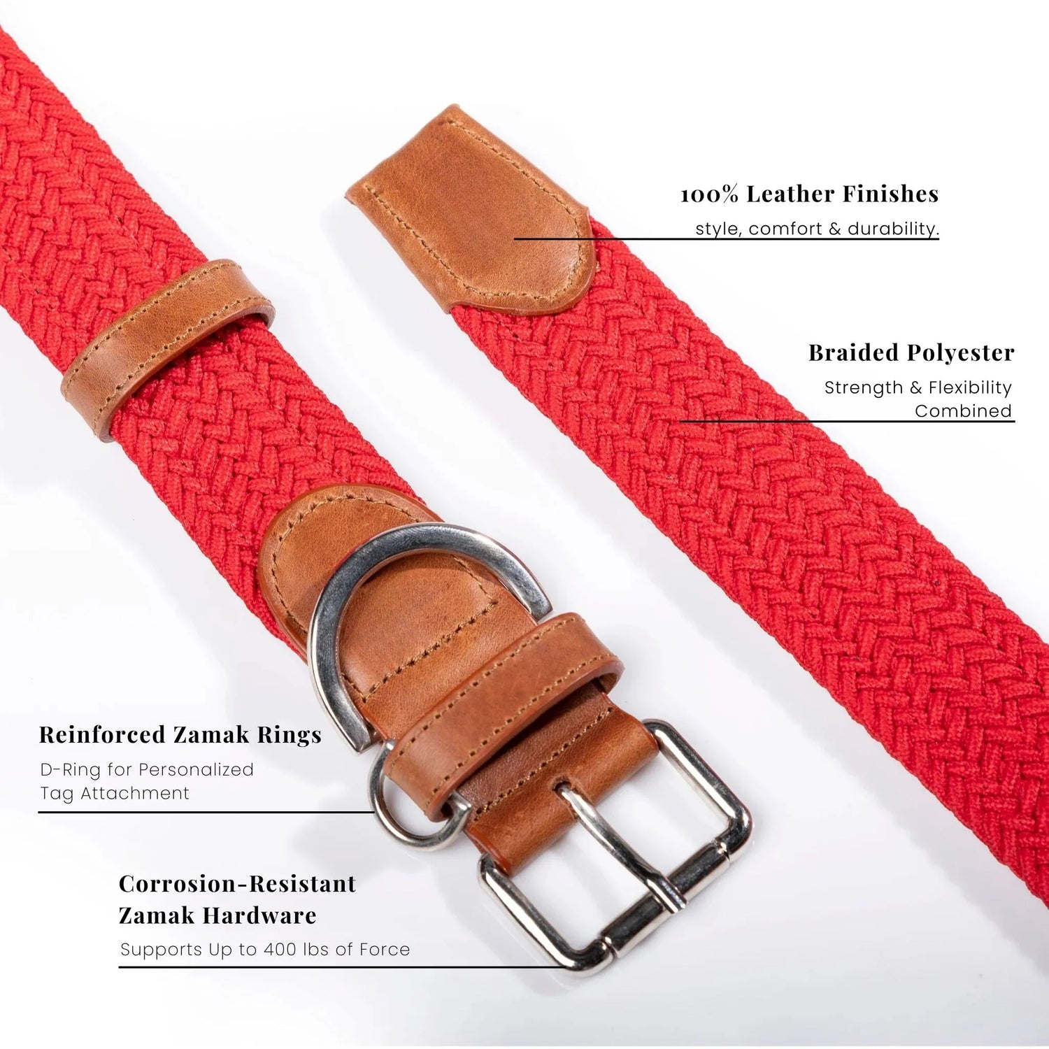 Handmade dog collar crafted with braided polyester and 100% genuine leather. Corrosion-resistant buckle ensures long-lasting durability for active dogs.