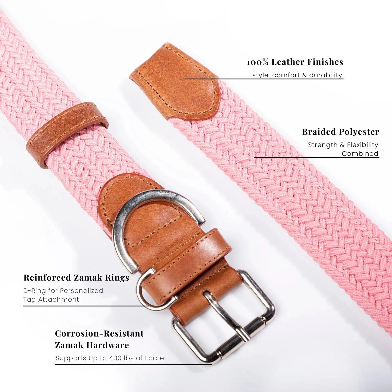 Handmade dog collar crafted with braided polyester and 100% genuine leather. Corrosion-resistant buckle ensures long-lasting durability for active dogs.