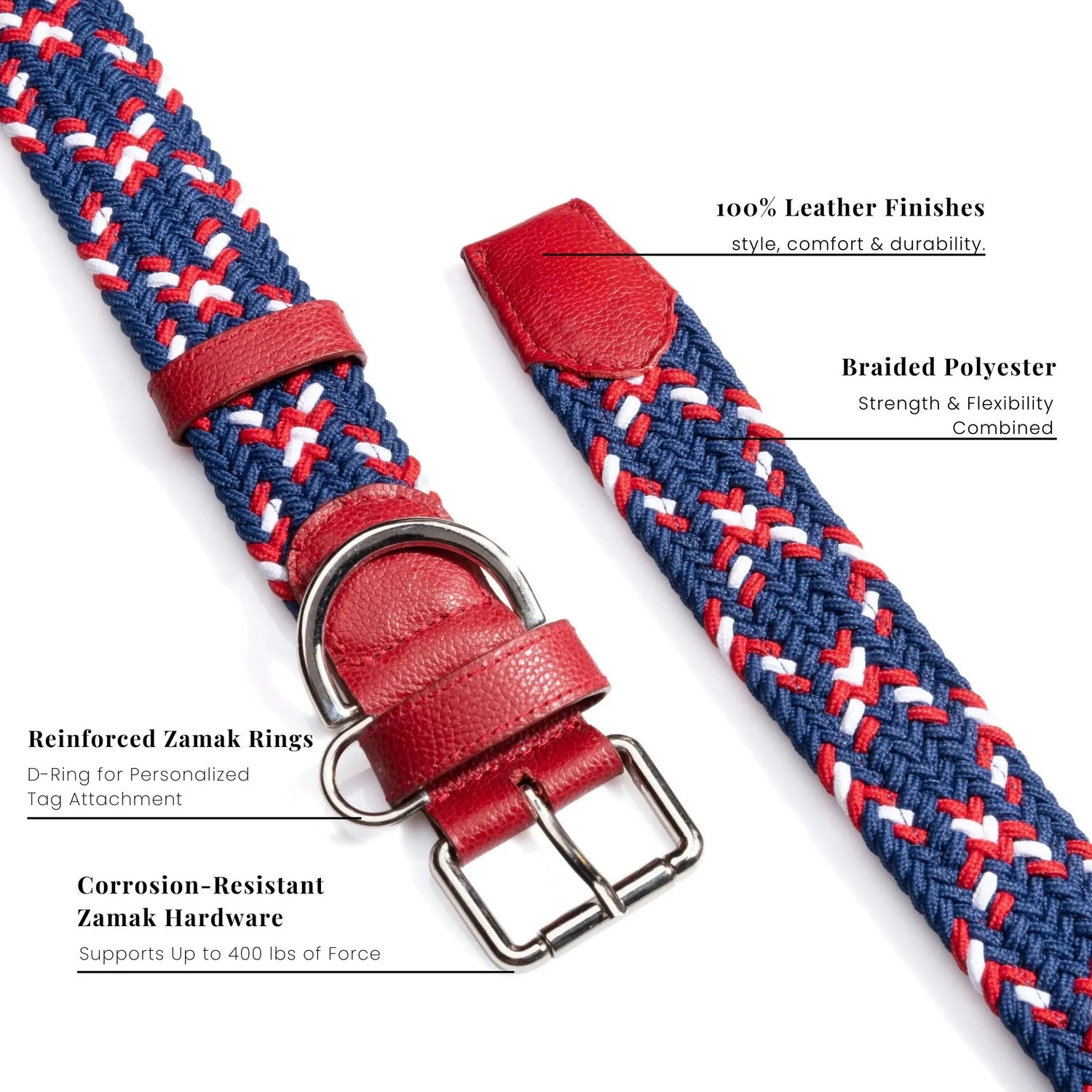 Handmade dog collar crafted with braided polyester and 100% genuine leather. Corrosion-resistant buckle ensures long-lasting durability for active dogs.