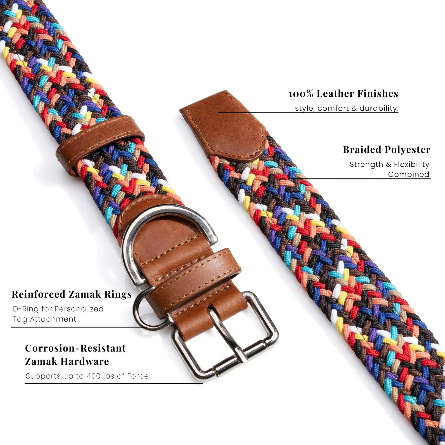 Heavy-duty dog collar made of premium leather with reinforced metal buckle for extra durability.